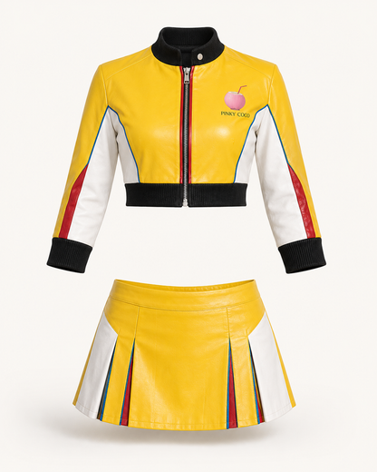 Side product view of the PinkyCoco Yellow Pop women's sheepskin leather racing jacket and skirt set