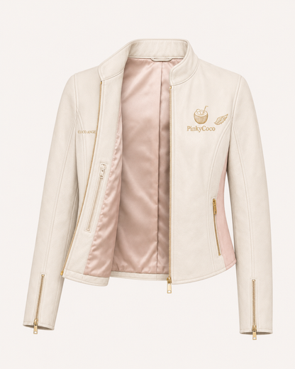 PinkyCoco Angel Wing Pearl Women's Leather Fashion Jacket, artwork detail