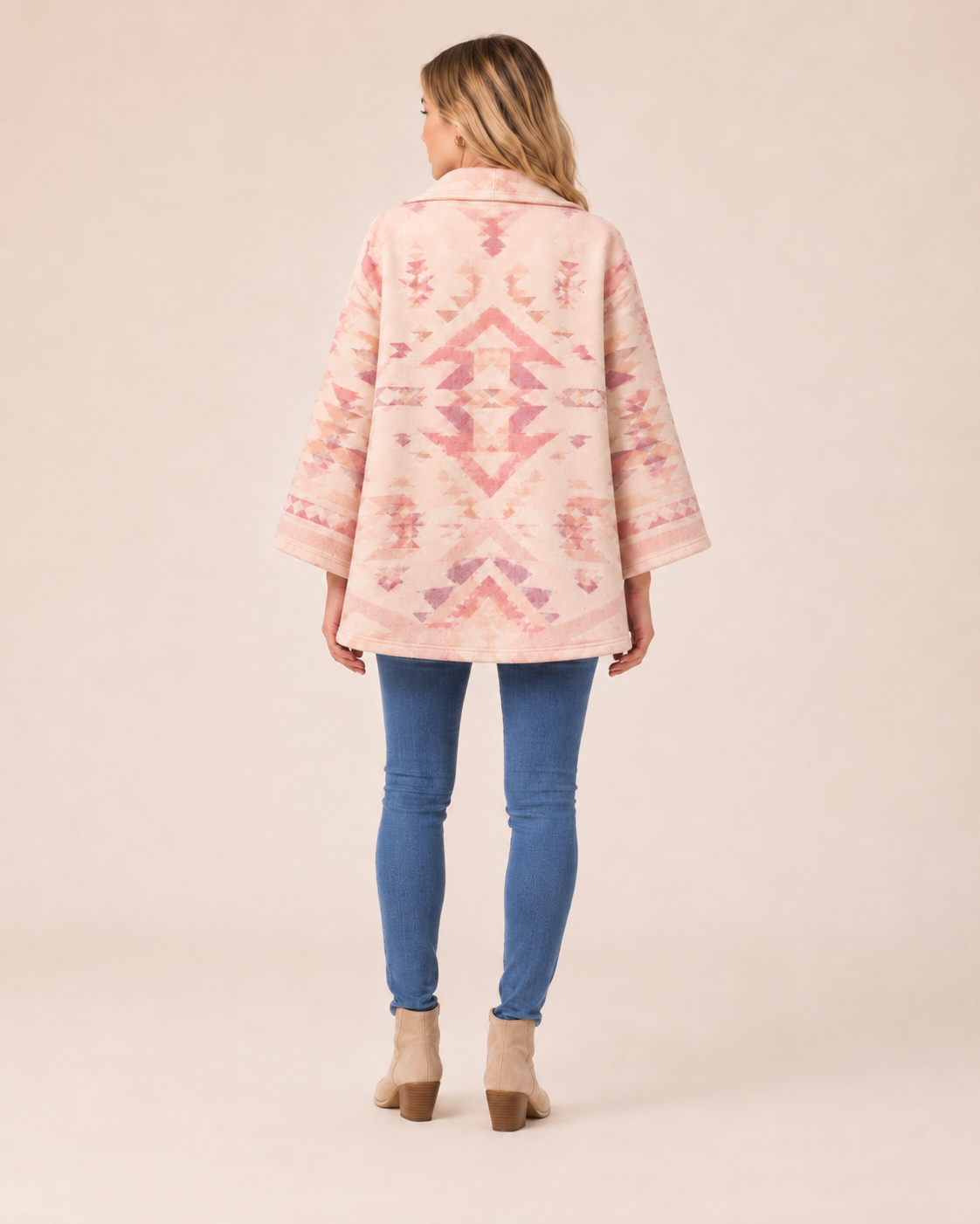 Geometric artwork detail on the PinkyCoco Blush Desert Geo women's wool blend artistic hooded cape