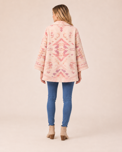 Geometric artwork detail on the PinkyCoco Blush Desert Geo women's wool blend artistic hooded cape