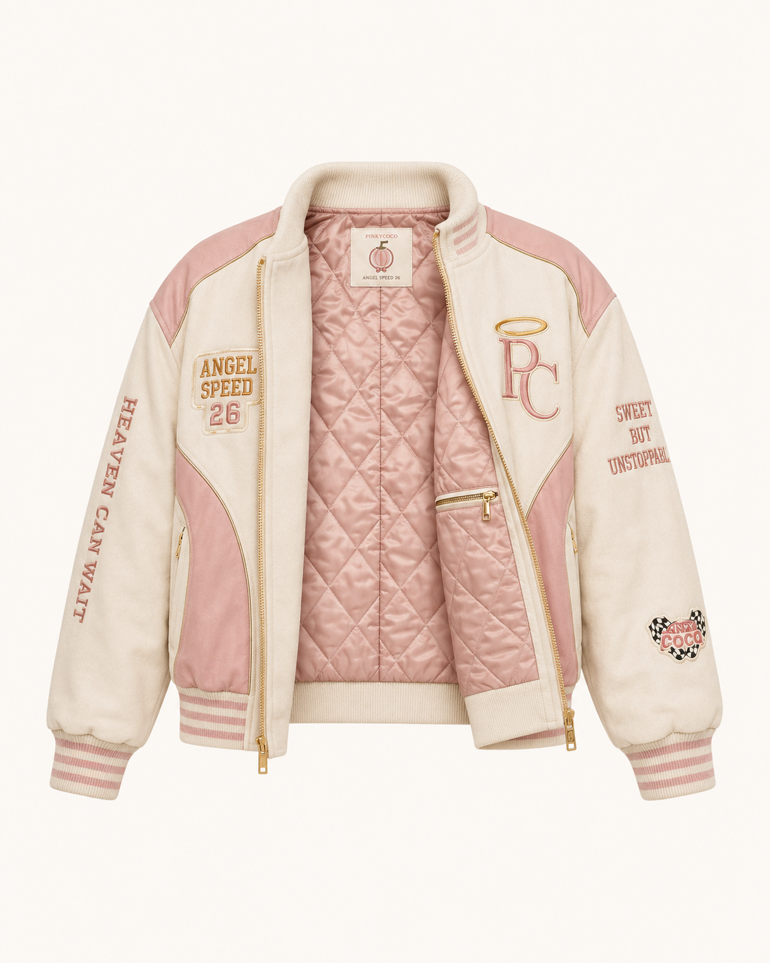 Close-up of the PinkyCoco Coco Angel Speed women's satin racing artwork