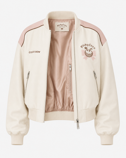 PinkyCoco Coco Bow Ivory Women's Satin Bomber Jacket, artwork detail