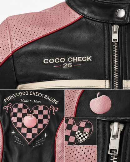 Close-up of PinkyCoco Coco Check Perforated women's racing jacket artwork