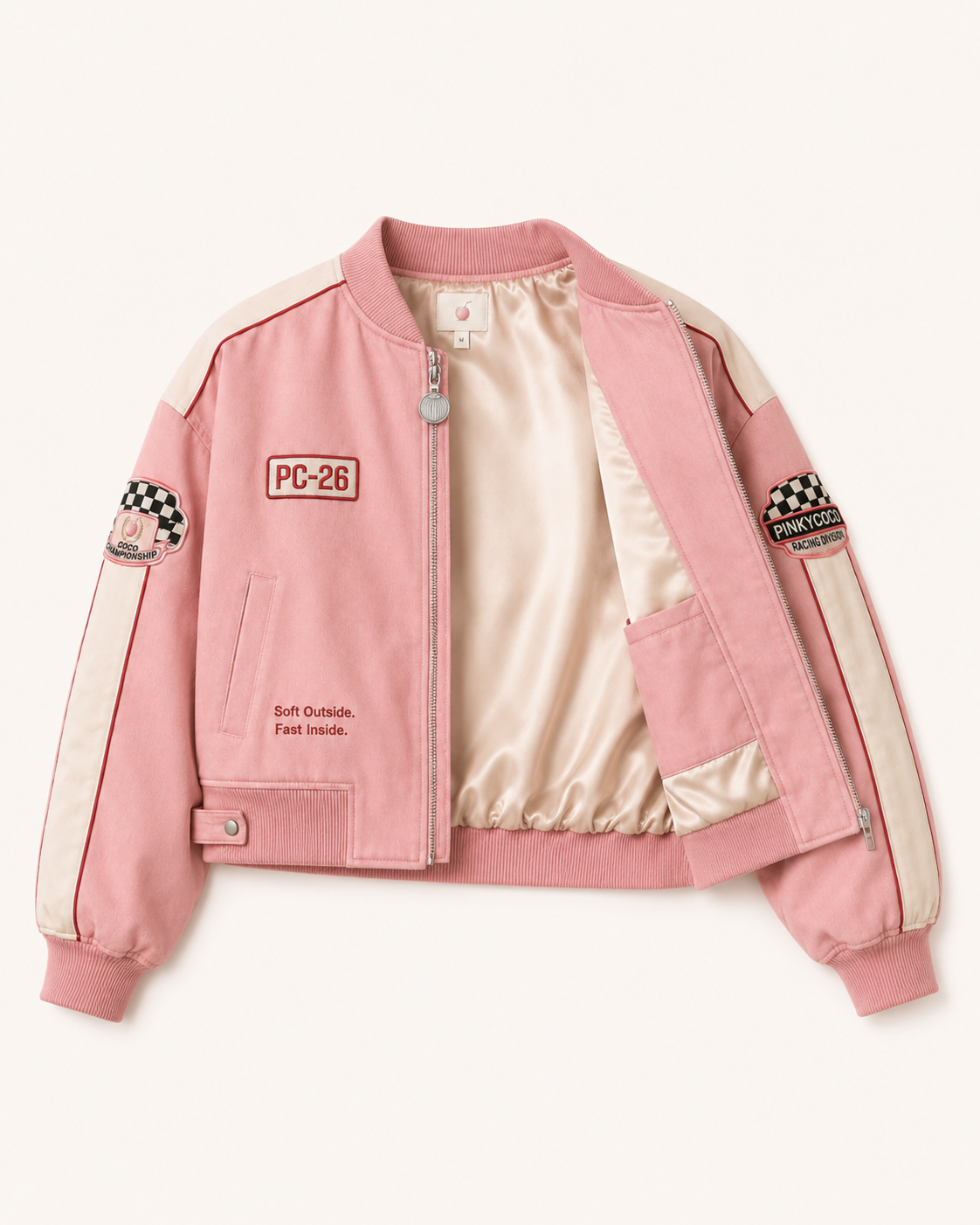 Close-up of the PinkyCoco Coco Grand Prix women's satin racing artwork