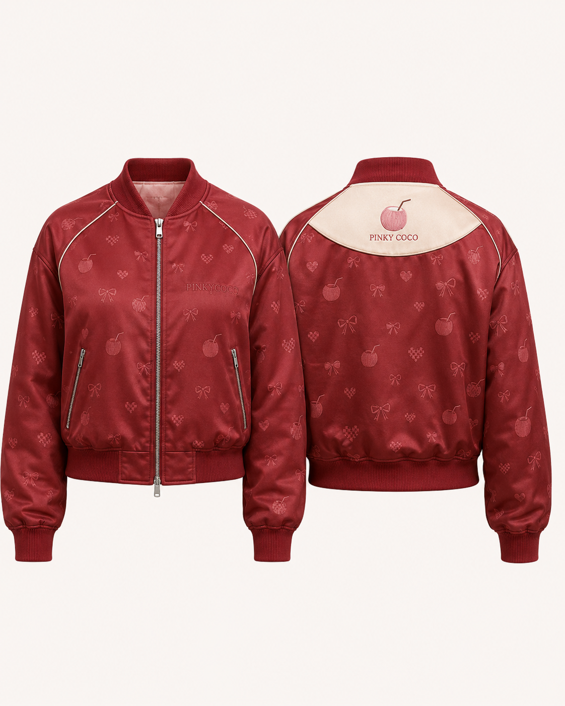 Close-up of the PinkyCoco Coco Love Lap Reversible women's satin racing artwork