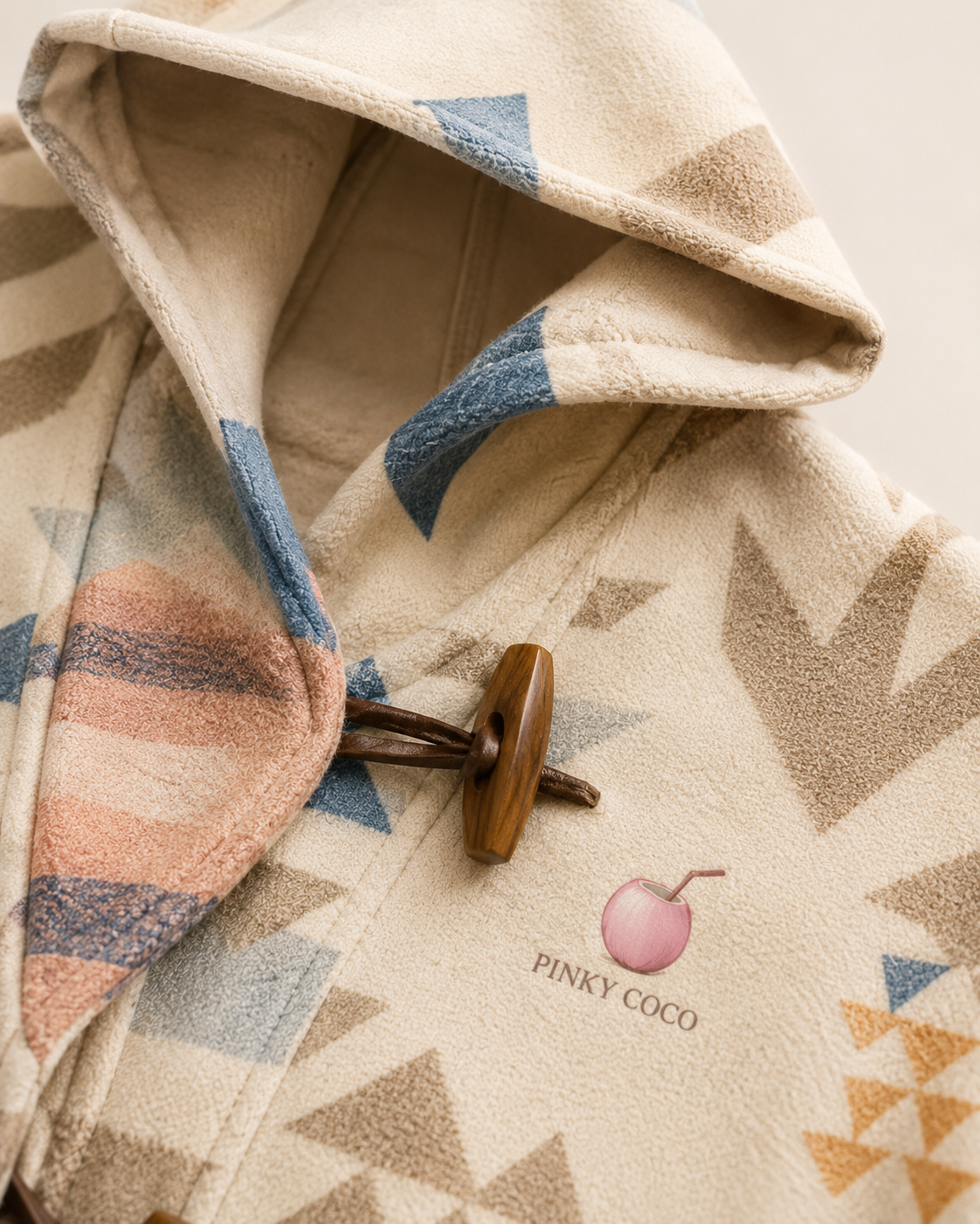 Geometric artwork detail on the PinkyCoco Desert Bloom Geo women's wool blend artistic hooded cape