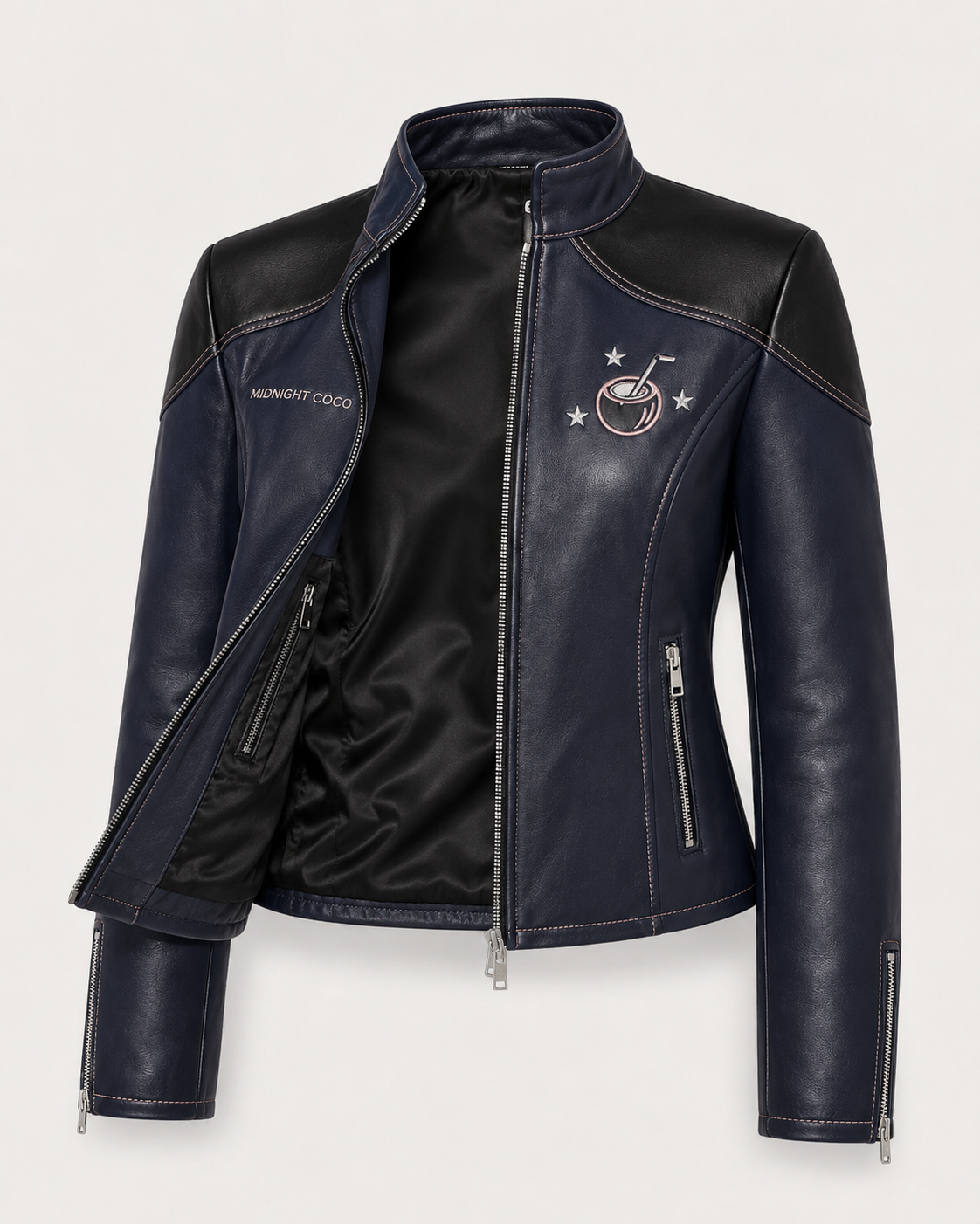 PinkyCoco Midnight Star Women's Leather Fashion Jacket, artwork detail