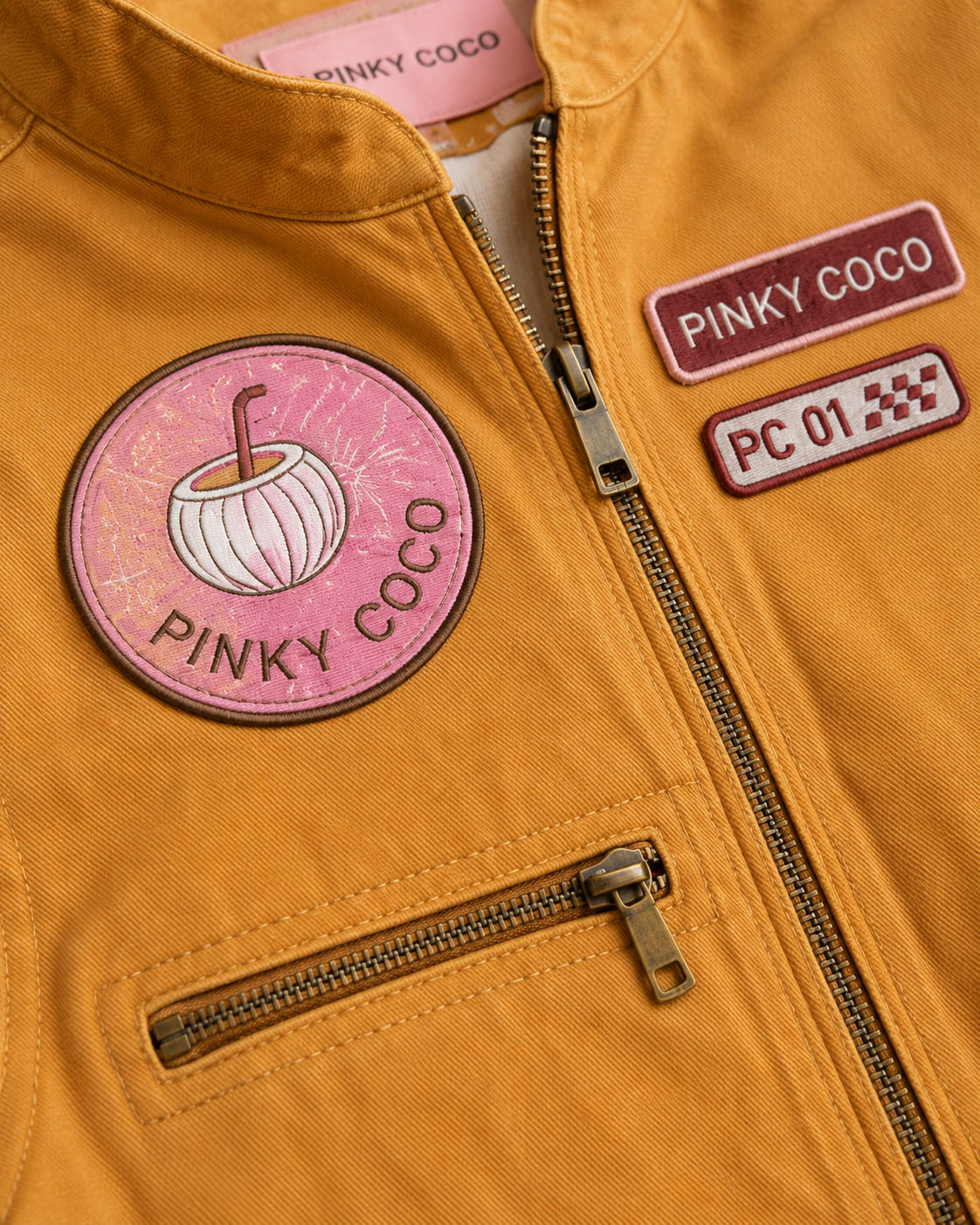 Close-up of PinkyCoco Mustard Patch women's racing jacket artwork