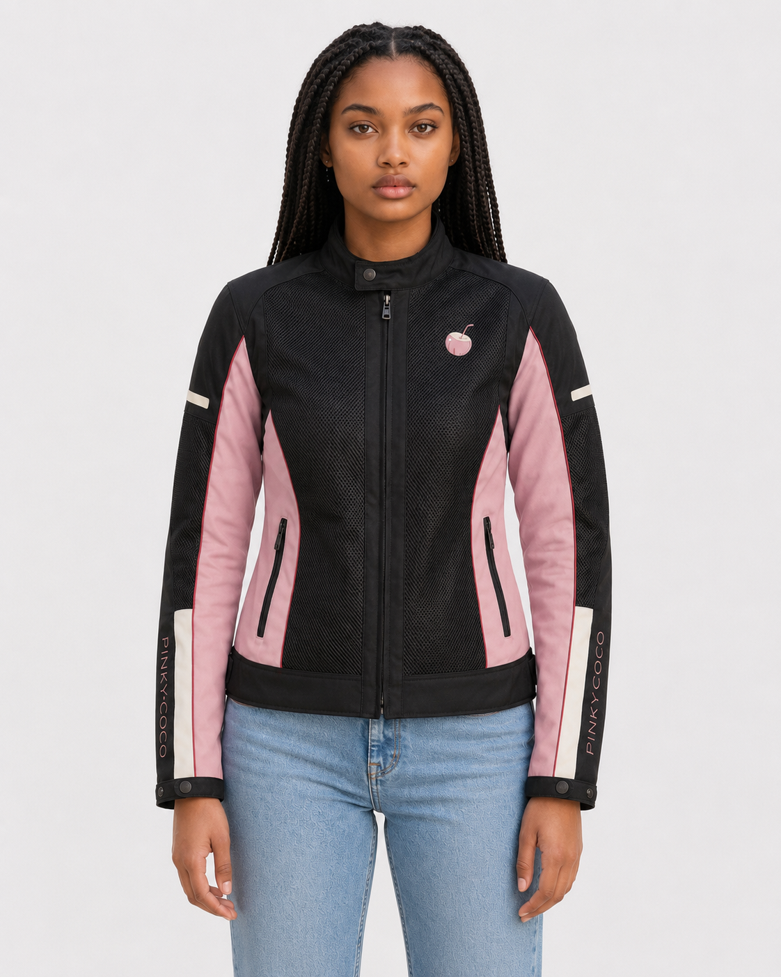 Close-up of PinkyCoco Pink Mesh Ventilated Riding women's racing jacket artwork