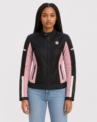 Close-up of PinkyCoco Pink Mesh Ventilated Riding women's racing jacket artwork