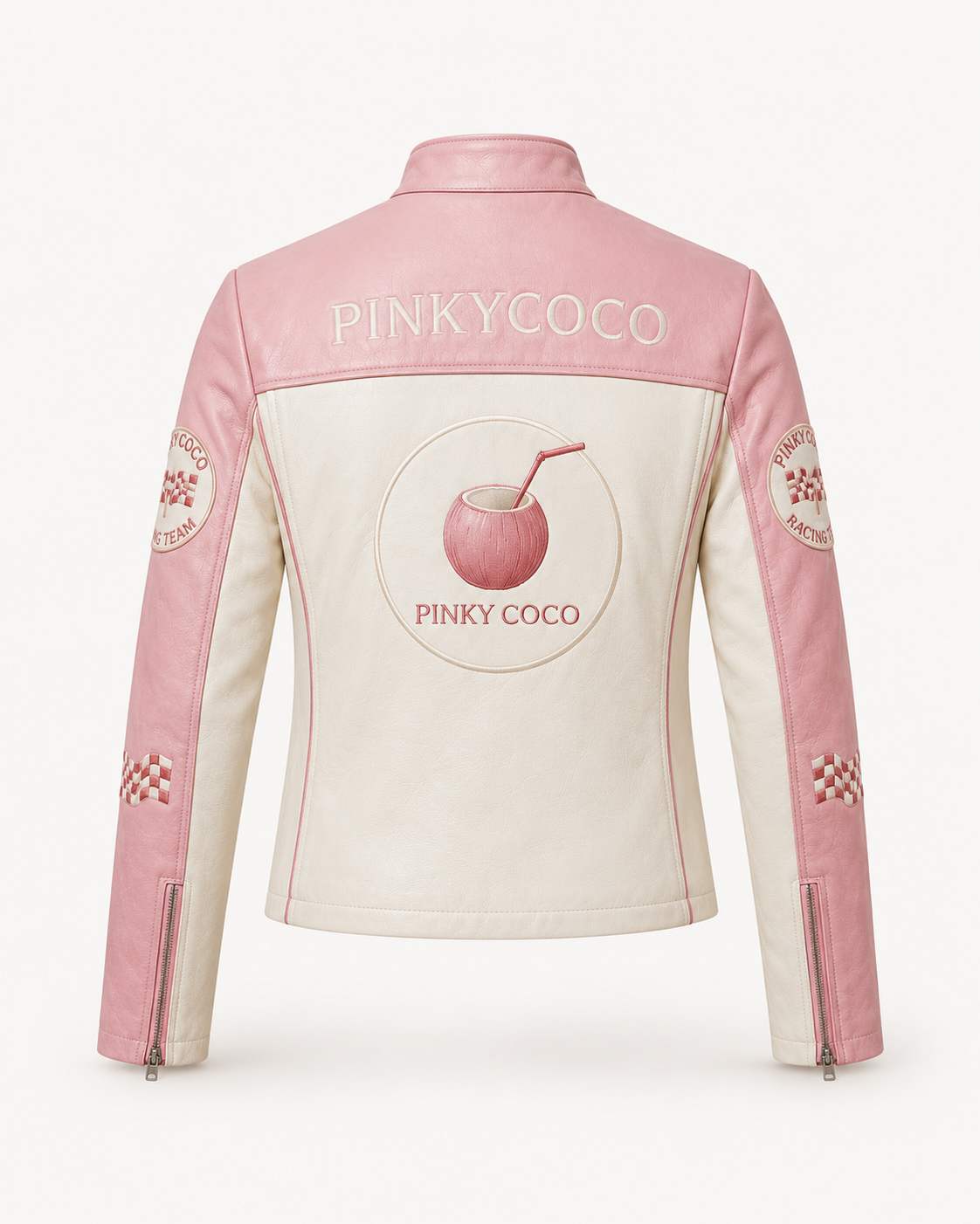 Close-up of PinkyCoco Pink White women's racing jacket artwork