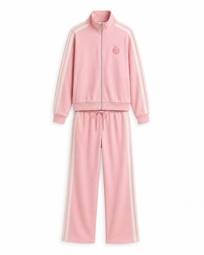 Coconut artwork detail on the PinkyCoco Pink Whitestripe Coco Sets women's matching fleece lounge set