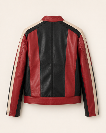 Close-up of PinkyCoco Red Black Panel women's racing jacket artwork