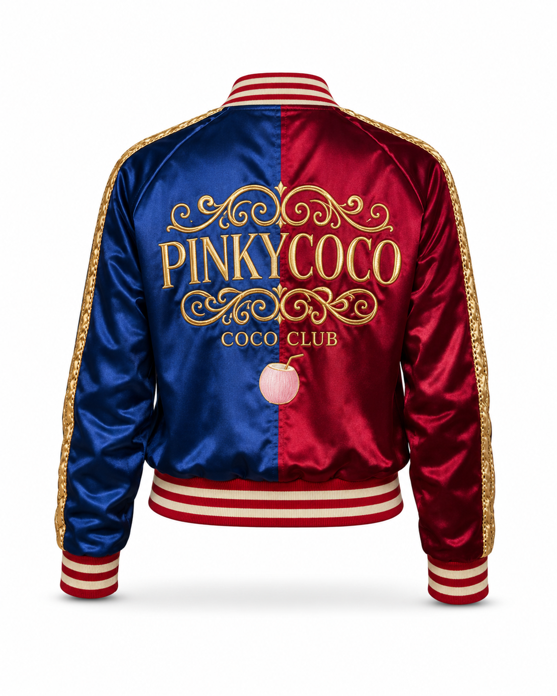 PinkyCoco Red Blue Coco Club Women's Satin Bomber Jacket, artwork detail