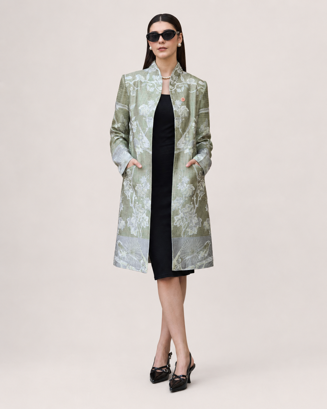 PinkyCoco Sage Floral Women's Statement Coat, artwork detail