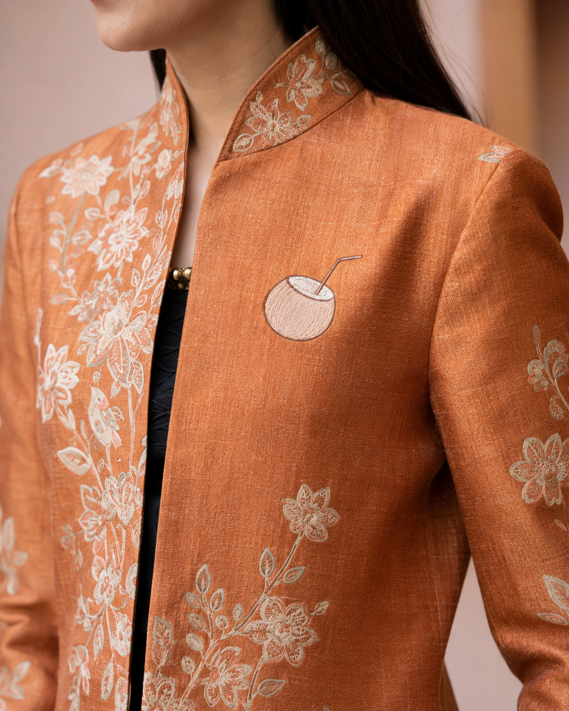 PinkyCoco Terracotta Floral Women's Statement Coat, artwork detail