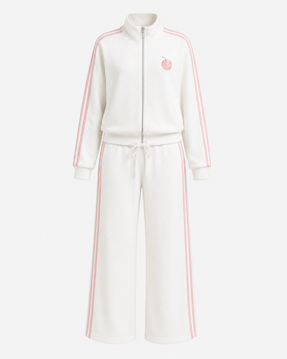 Coconut artwork detail on the PinkyCoco White Pinkstripe Coco women's matching fleece lounge set