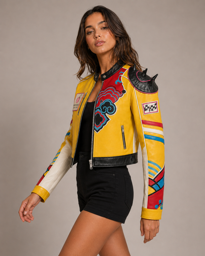 Close-up of PinkyCoco Yellow Pop Spiked women's racing jacket artwork