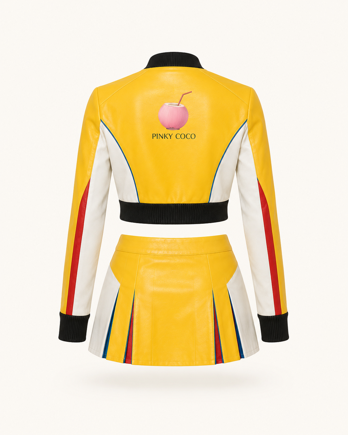 Artwork detail on the PinkyCoco Yellow Pop women's sheepskin leather racing jacket and skirt set