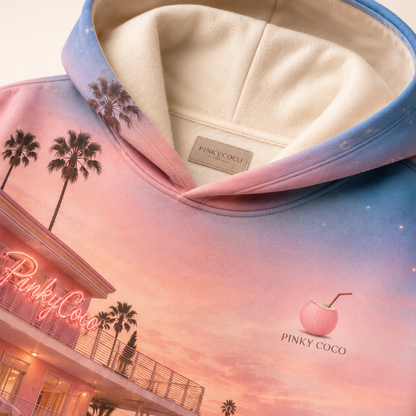 Detail of the hood, cuffs and stitching on the PinkyCoco Afterglow Motel hoodie
