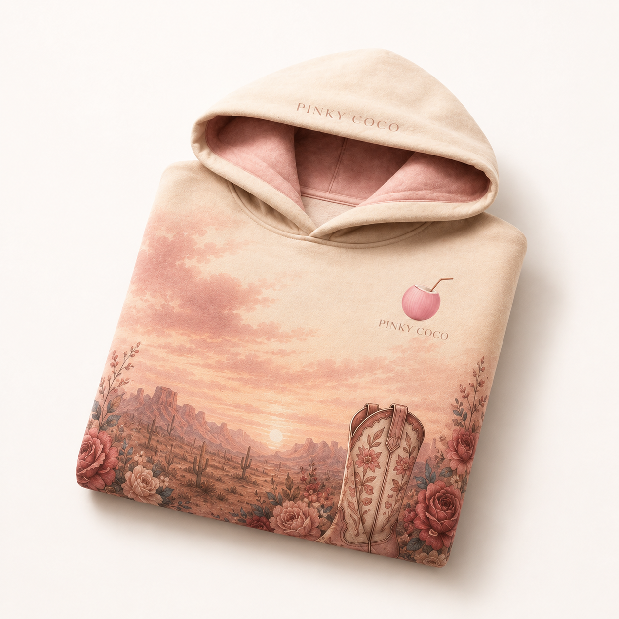 Detail of the hood, cuffs and stitching on the PinkyCoco American Sweetheart Rodeo hoodie