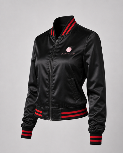 PinkyCoco Black Red Coco Women's Satin Bomber Jacket, construction detail