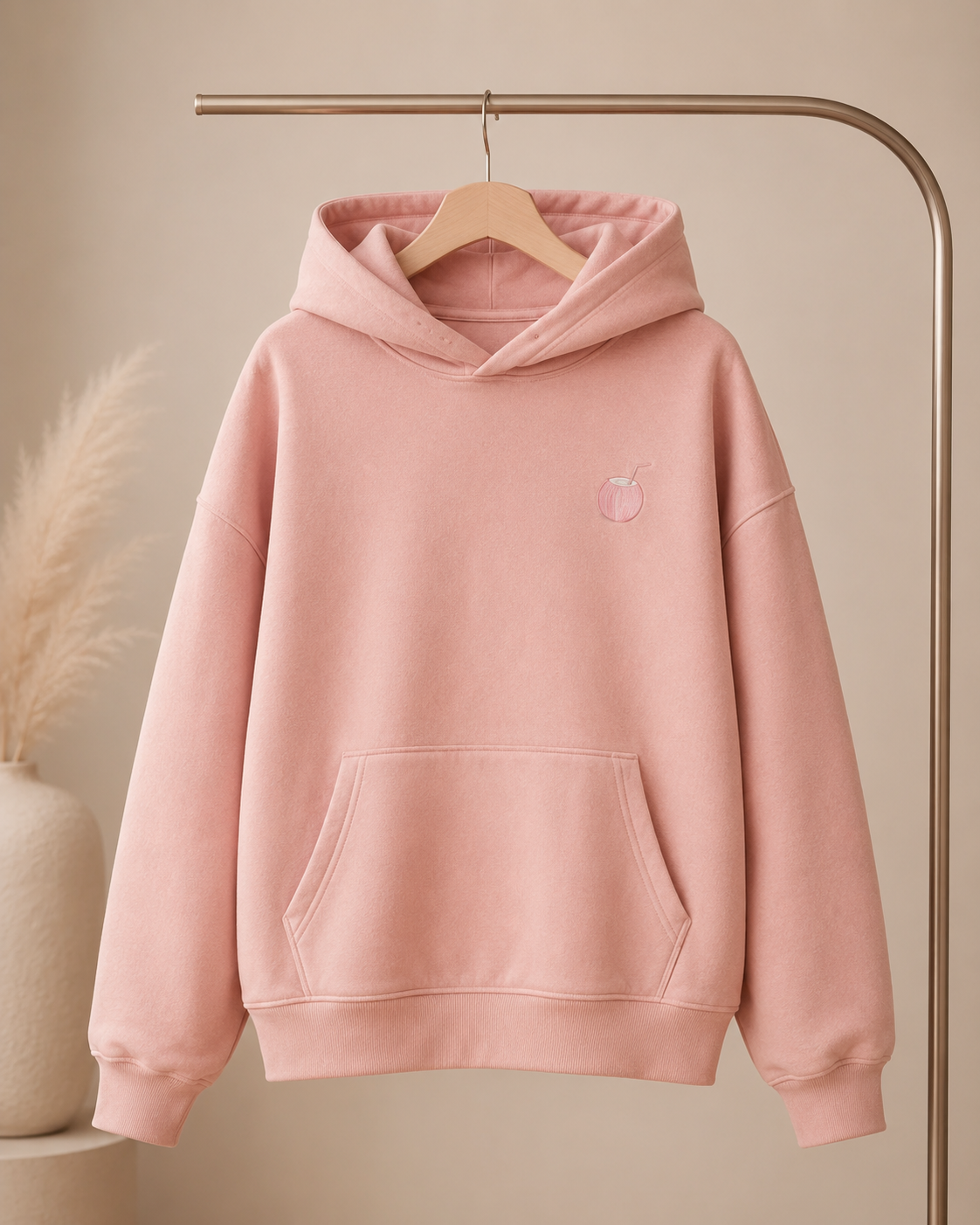 Detail of the hood, cuffs and stitching on the PinkyCoco Blush Coco hoodie