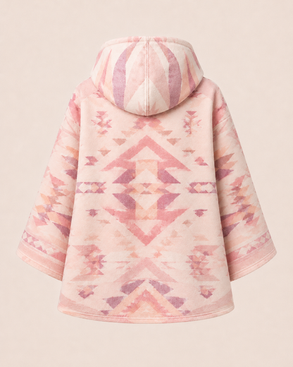 Wool blend construction and toggle detail on the PinkyCoco Blush Desert Geo women's artistic hooded cape