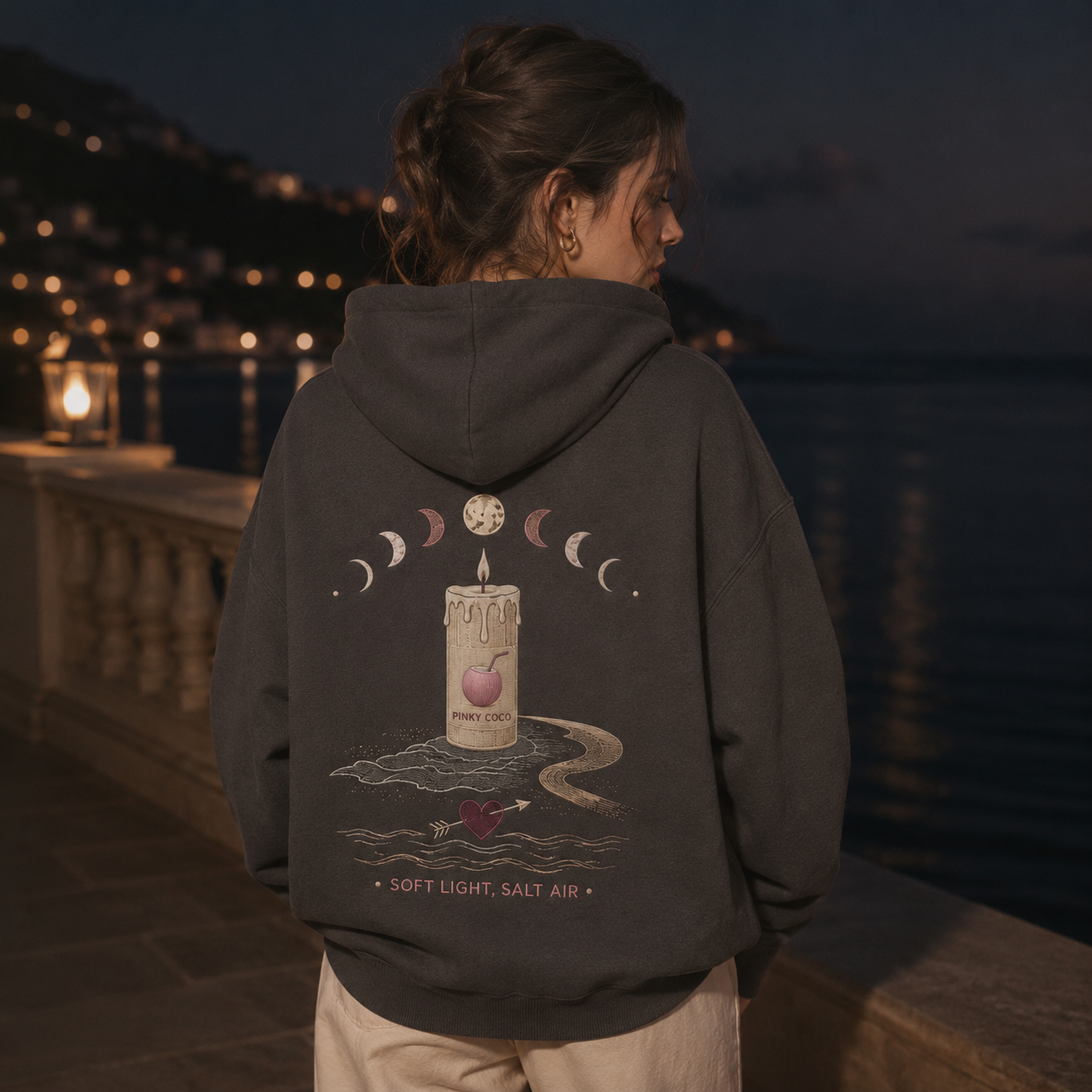 Detail of the hood, cuffs and stitching on the PinkyCoco Candlelight Moon Shore hoodie