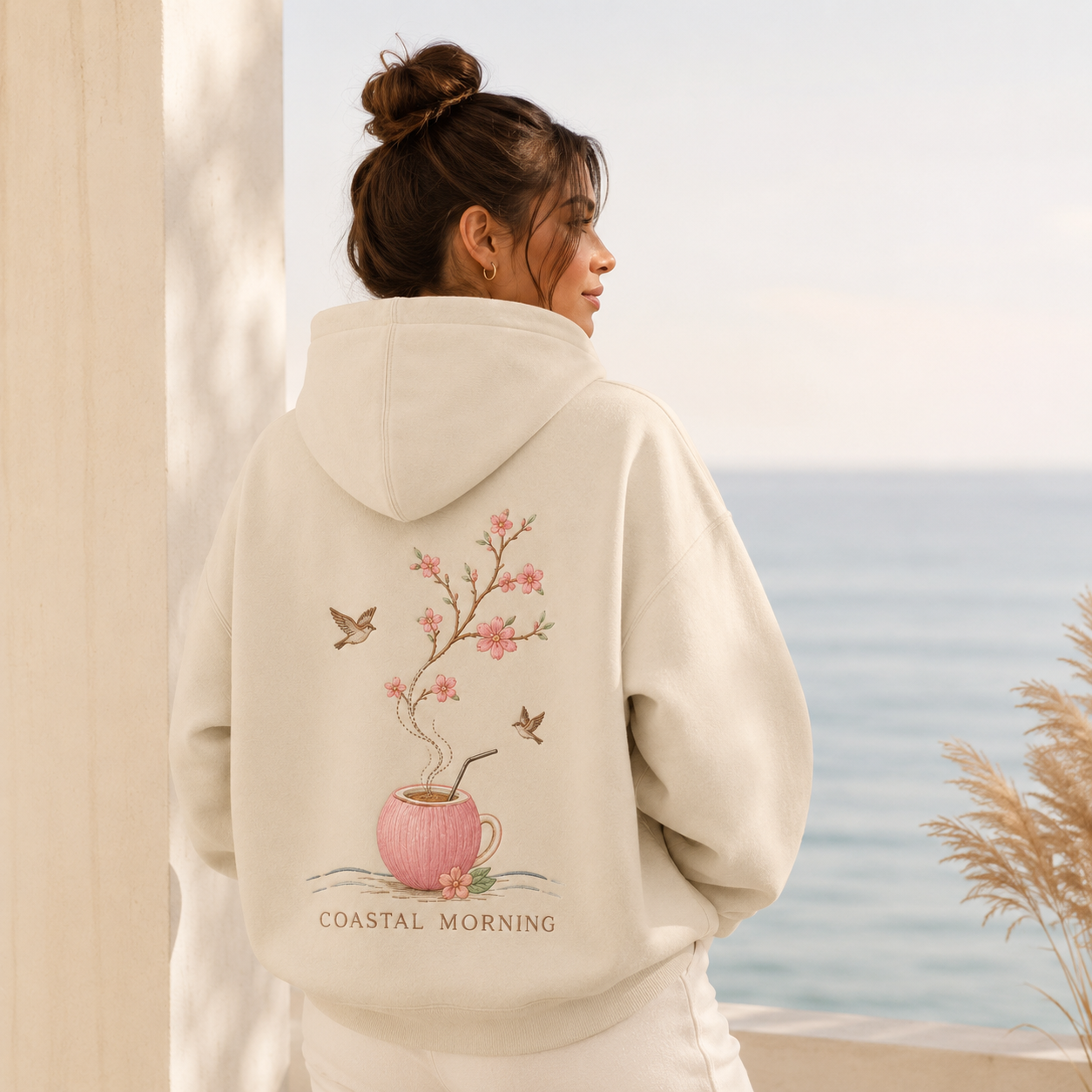 Detail of the hood, cuffs and stitching on the PinkyCoco Cherry Blossom Coffee Coast hoodie