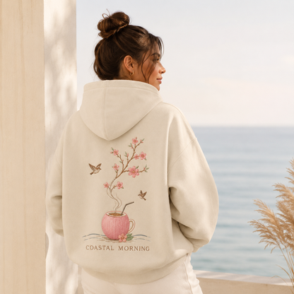 Detail of the hood, cuffs and stitching on the PinkyCoco Cherry Blossom Coffee Coast hoodie