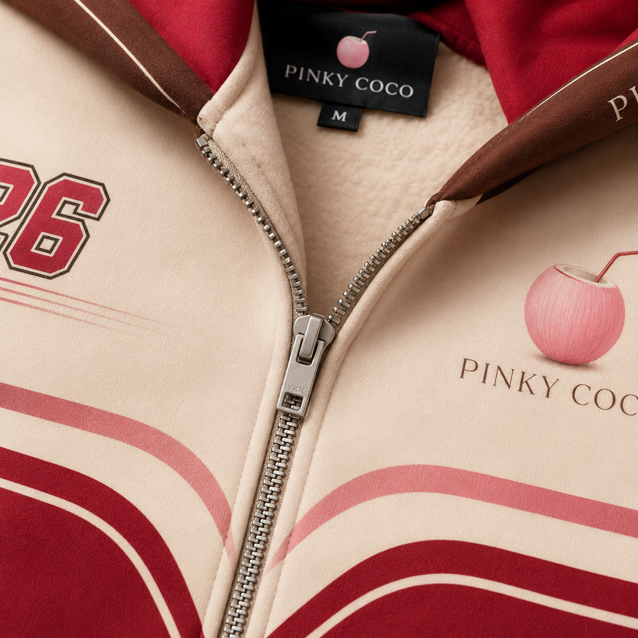 Construction detail of the PinkyCoco Cherry Grand Prix women's racing hoodie