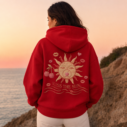 Detail of the hood, cuffs and stitching on the PinkyCoco Cherry Kiss Sunset hoodie