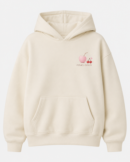 Detail of the hood, cuffs and stitching on the PinkyCoco Cherry Picnic hoodie