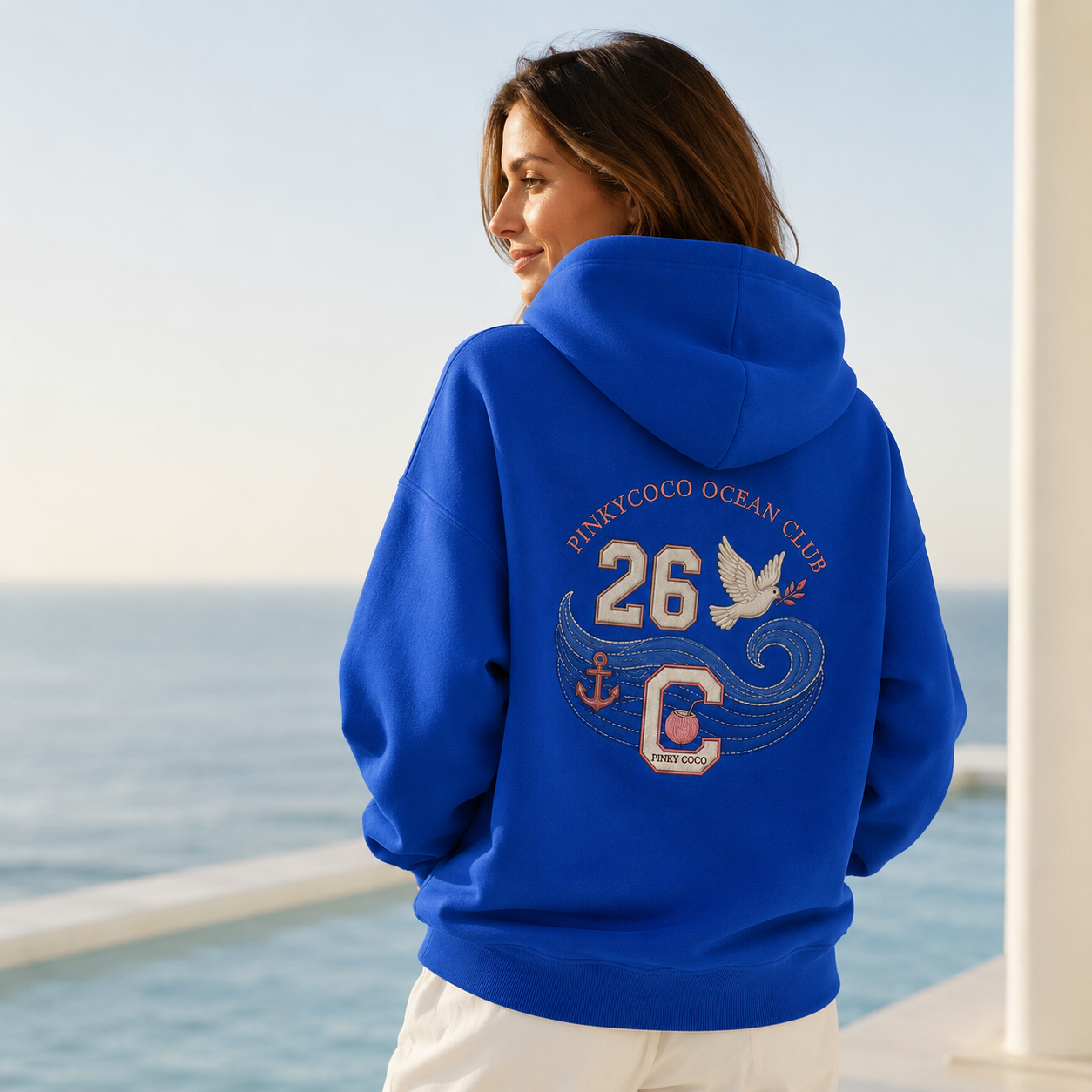 Detail of the hood, cuffs and stitching on the PinkyCoco Cobalt Ocean hoodie