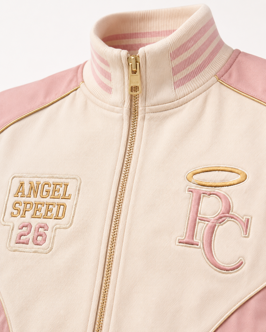 Construction detail of the PinkyCoco Coco Angel Speed women's satin racing jacket