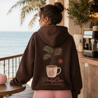 Detail of the hood, cuffs and stitching on the PinkyCoco Cocoa Coffee Palm hoodie