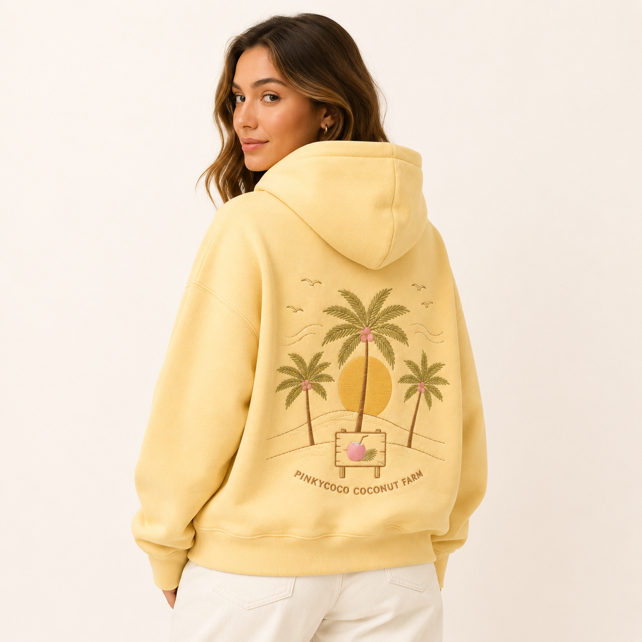 Detail of the hood, cuffs and stitching on the PinkyCoco Coconut Farm Morning hoodie