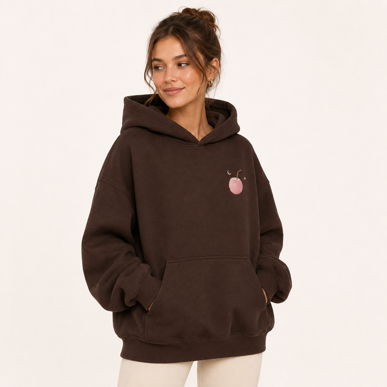 Detail of the hood, cuffs and stitching on the PinkyCoco Coconut Moon hoodie