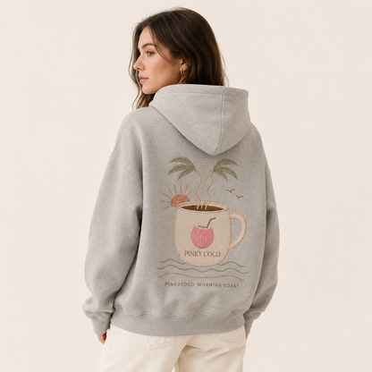 Detail of the hood, cuffs and stitching on the PinkyCoco Coffee By The Coast hoodie