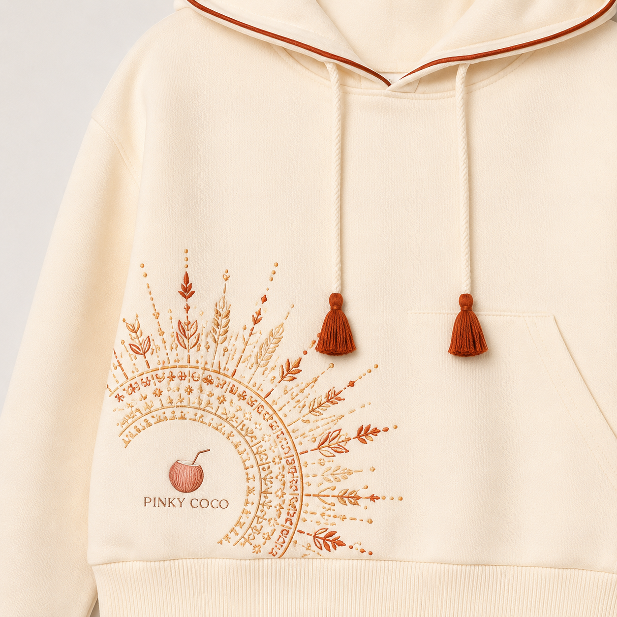Construction details on the PinkyCoco Cream Sun Mandala matching set