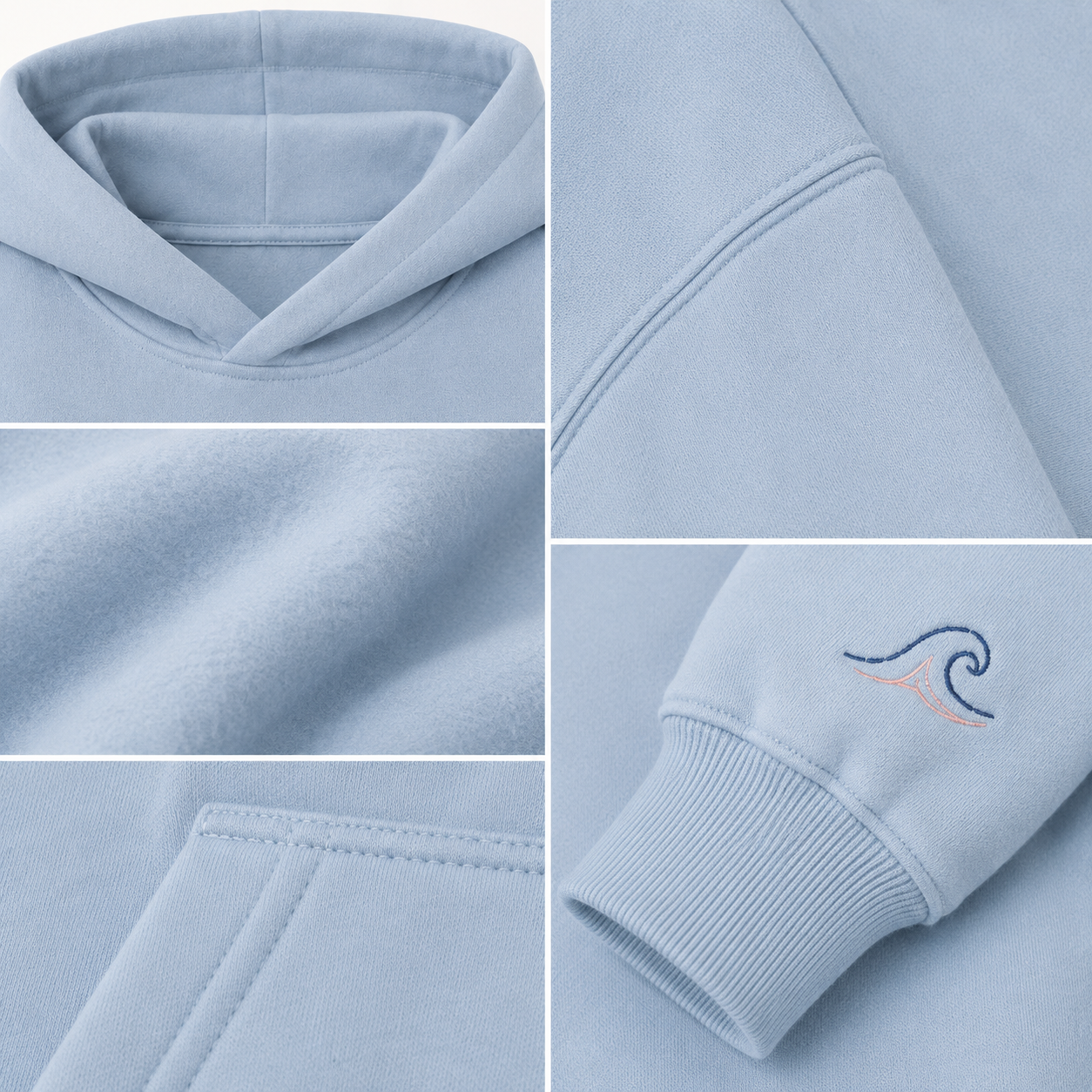 Detail of the hood, cuffs and stitching on the PinkyCoco Dove Over Powder Tide hoodie