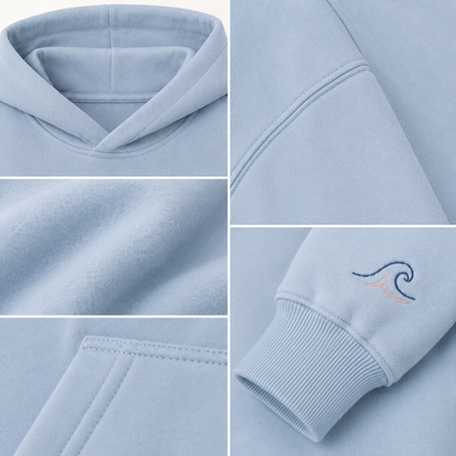 Detail of the hood, cuffs and stitching on the PinkyCoco Dove Over Powder Tide hoodie