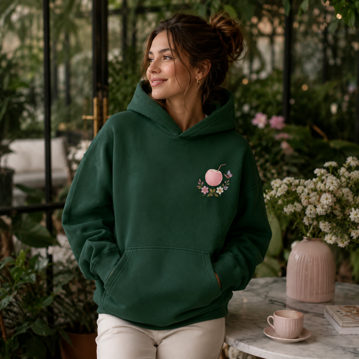 Detail of the hood, cuffs and stitching on the PinkyCoco Emerald Wildflower Butterfly hoodie
