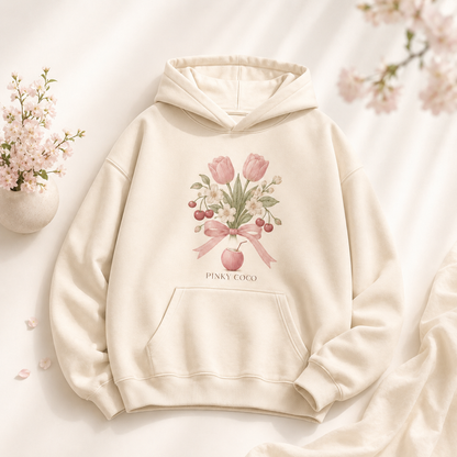 Detail of the hood, cuffs and stitching on the PinkyCoco Flower Market hoodie