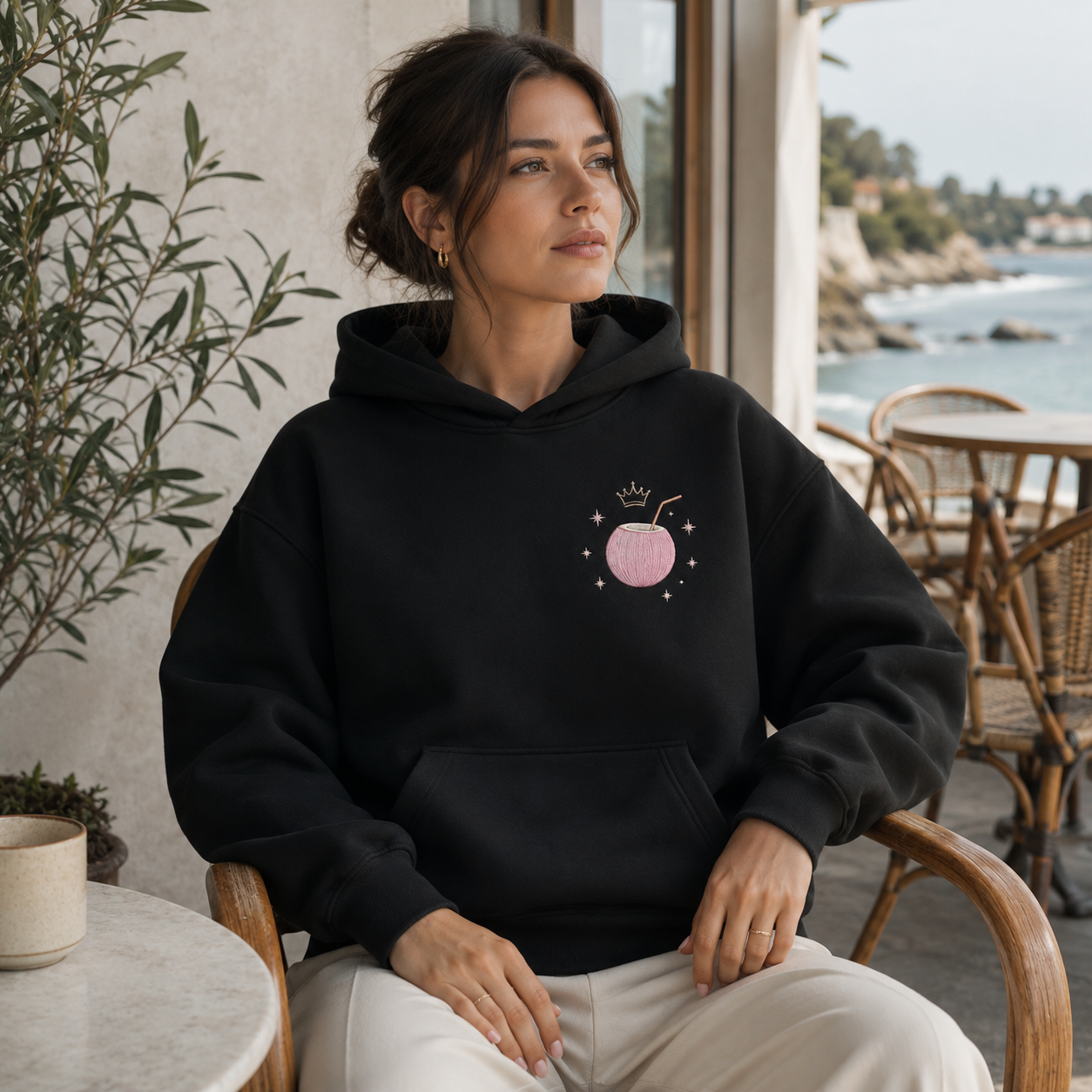 Detail of the hood, cuffs and stitching on the PinkyCoco Midnight Palm Constellation hoodie
