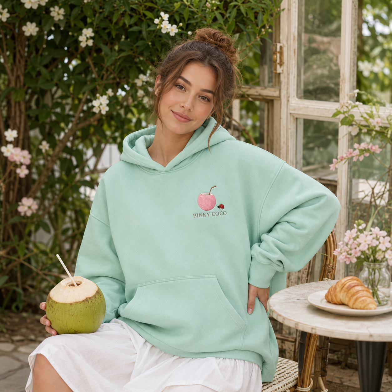 Detail of the hood, cuffs and stitching on the PinkyCoco Mint Ladybug Palm Garden hoodie