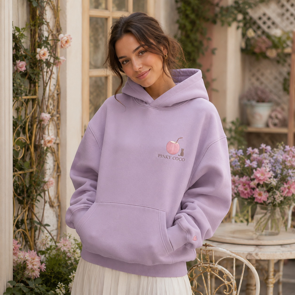 Detail of the hood, cuffs and stitching on the PinkyCoco Moon Meadow Friends hoodie