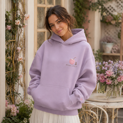 Detail of the hood, cuffs and stitching on the PinkyCoco Moon Meadow Friends hoodie