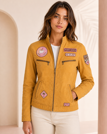 Construction detail of PinkyCoco Mustard Patch women's racing jacket